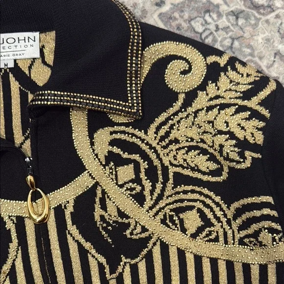 St. John by Marie Gray Black and Gold Embellished Rhinestone Patterned Sweater